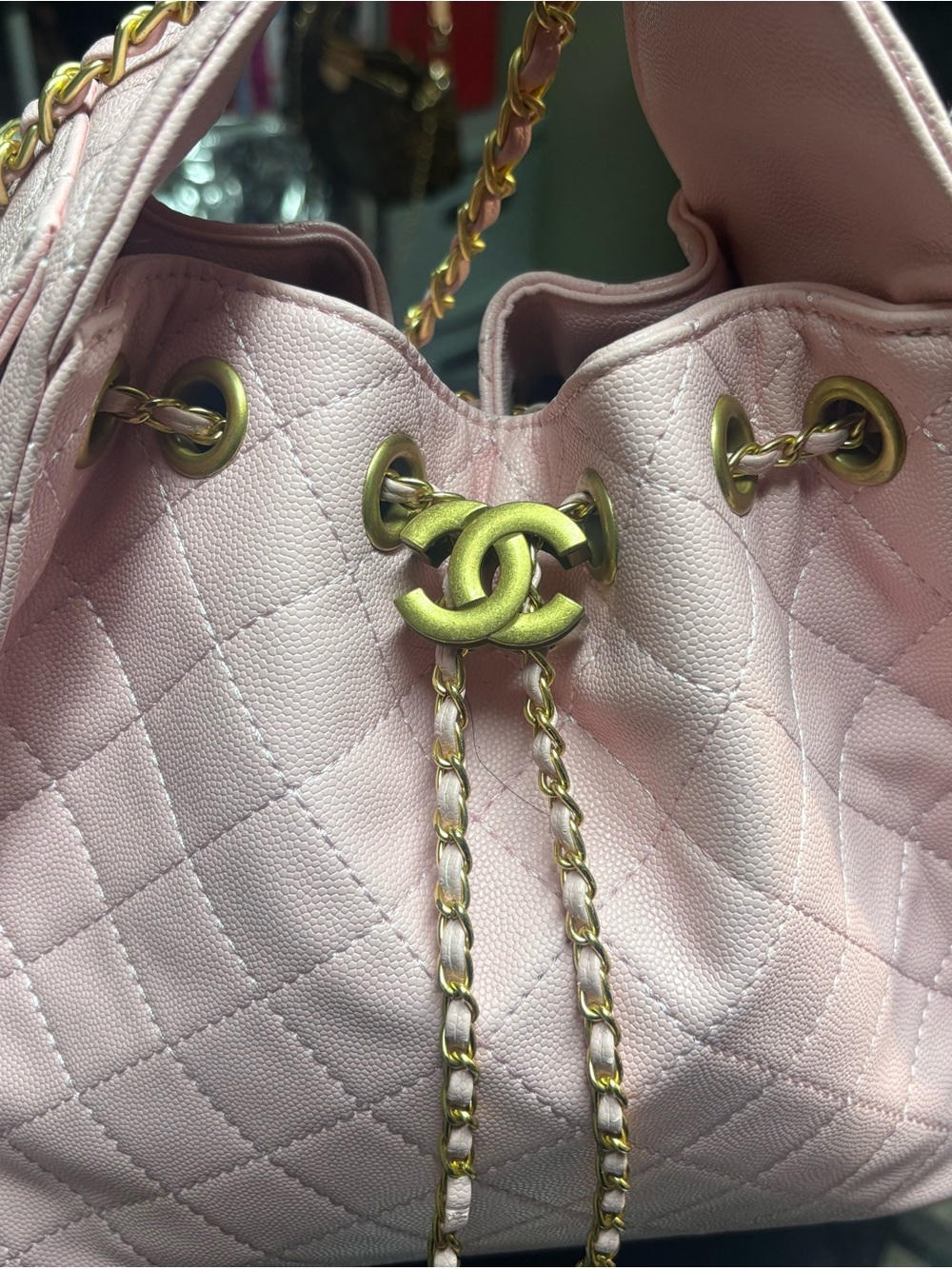 Chanel Pink Quilted Drawstring Shoulder Bag with Gold Chain UNBRANDED